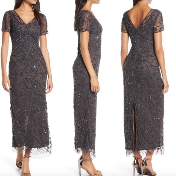 Pisarro Nights Dresses & Skirts - SOLD Pisarro Nights Charcoal Grey Short Sleeve Beaded V Neck Midi Dress Size 12